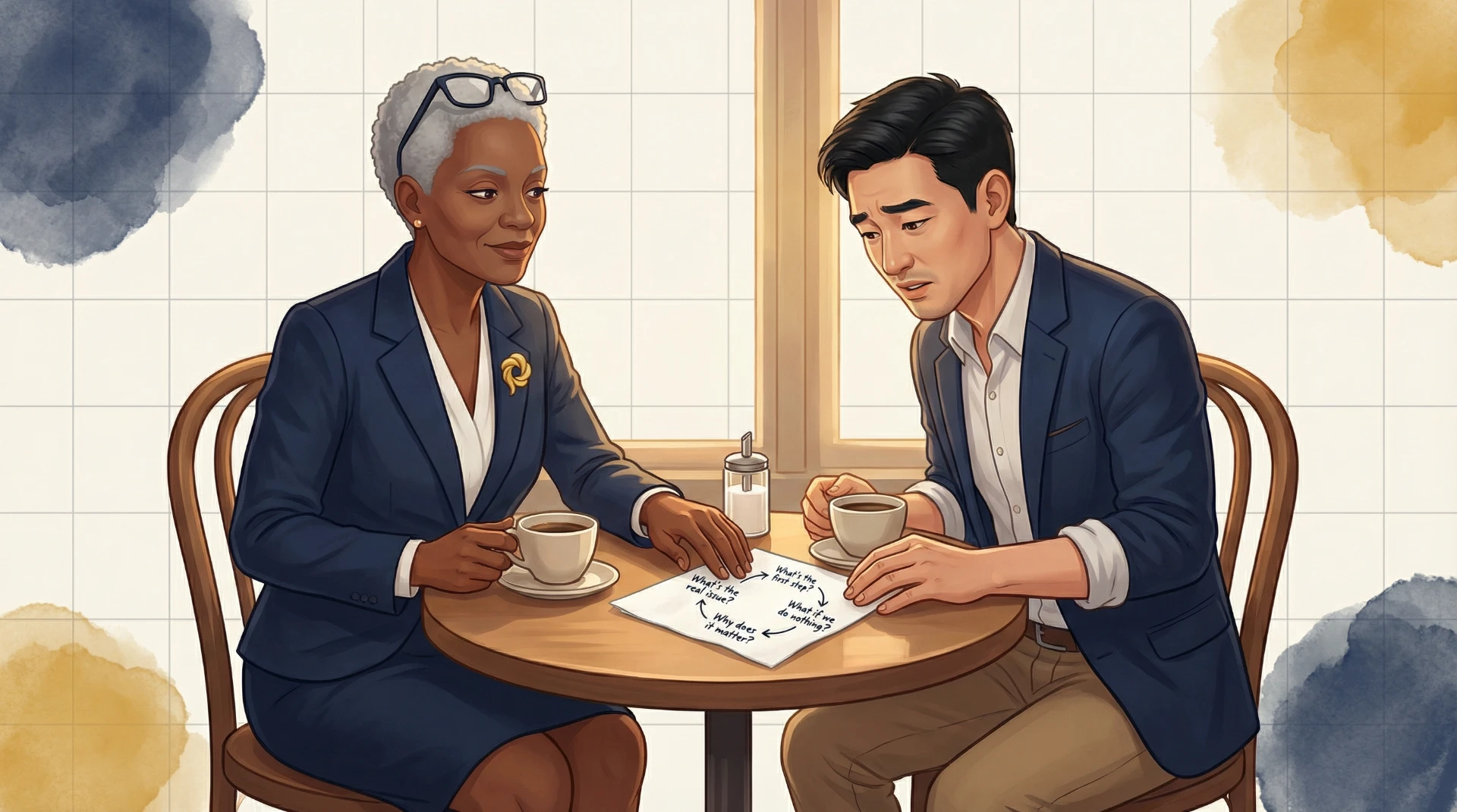 Two business professionals discussing business architecture concepts and 4 Ares governance model over coffee