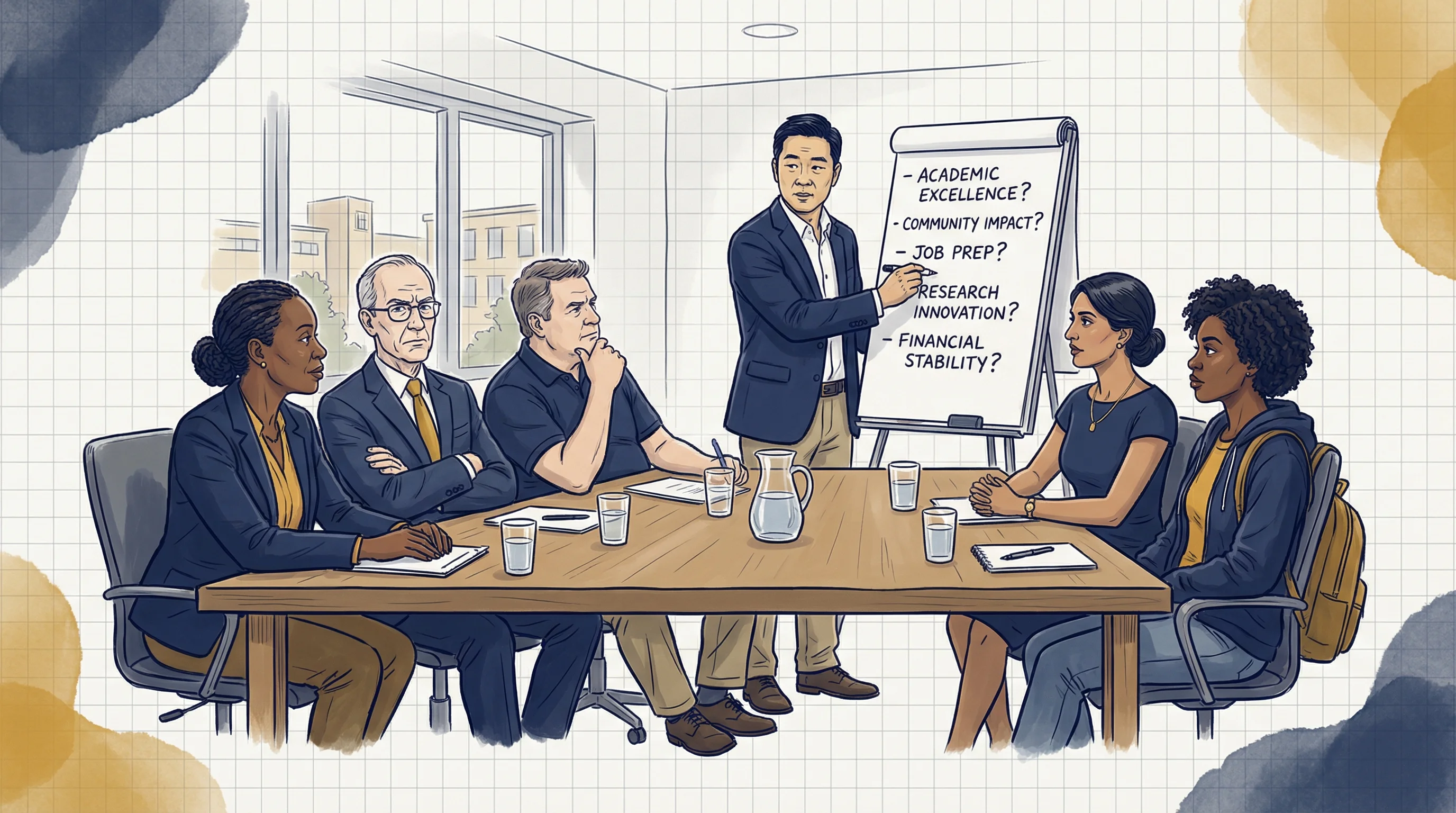 Marcus Chen stands at a flip chart with five different answers while Sandra, James, Tom, Priya, and Aisha sit around the conference table — five people, five answers, none specific enough to guide a single decision