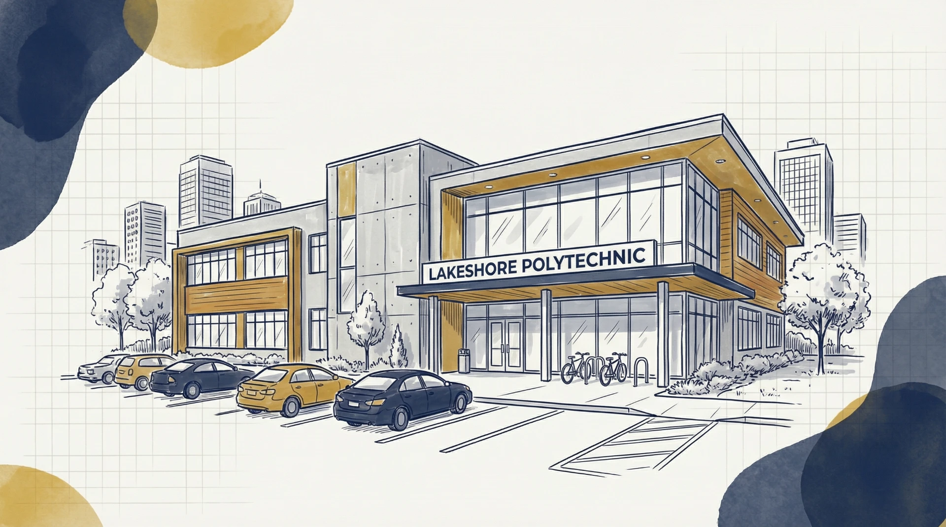 Modern polytechnic campus building with glass facade and parking lot, illustrating educational infrastructure