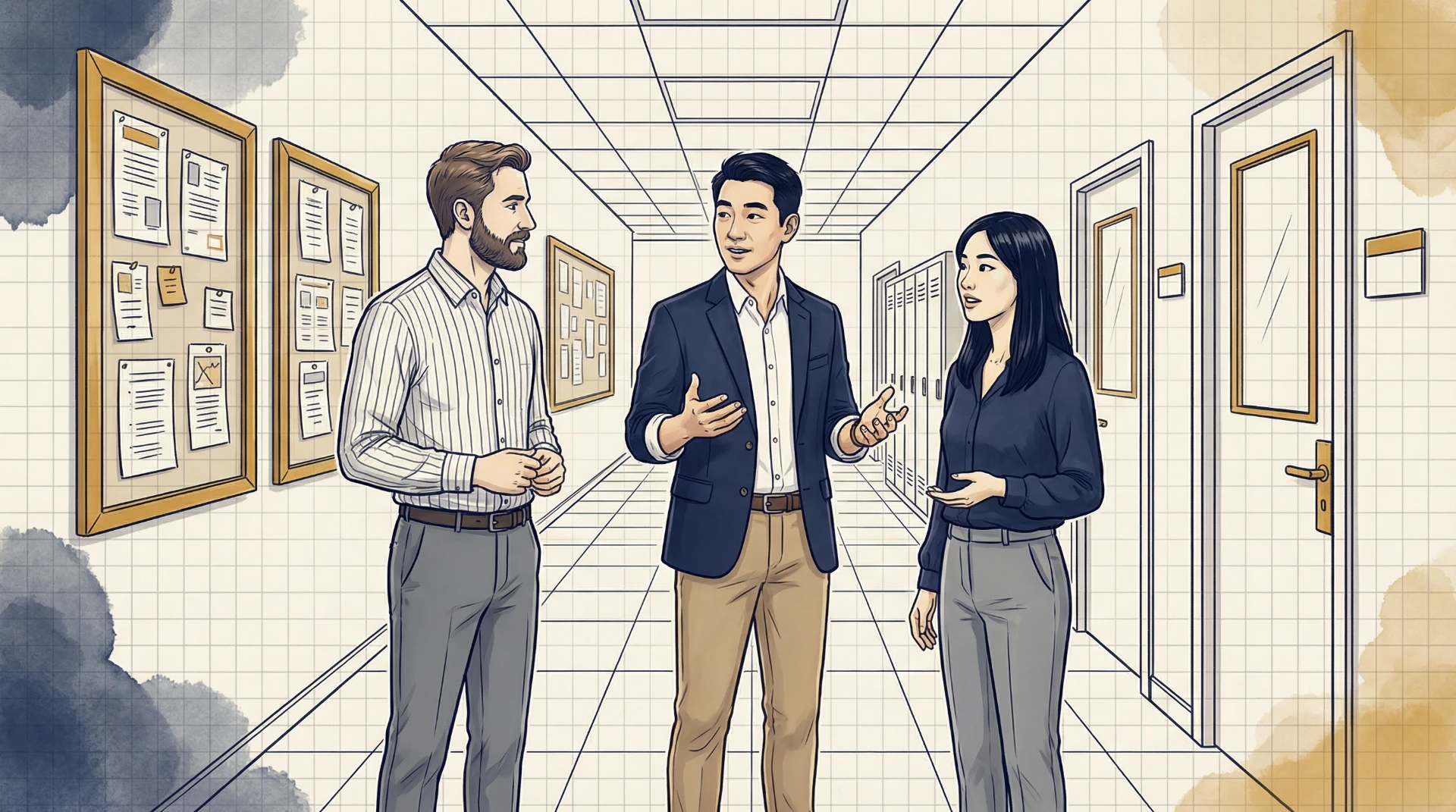 Three professionals engage in discussion in a hallway, showcasing collaboration essential for business architecture learning.