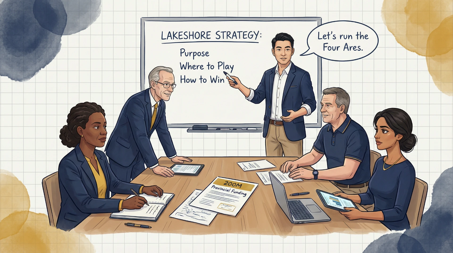 Business team in strategy meeting reviewing  strategy with whiteboard showing purpose, where to play, and how to win elements