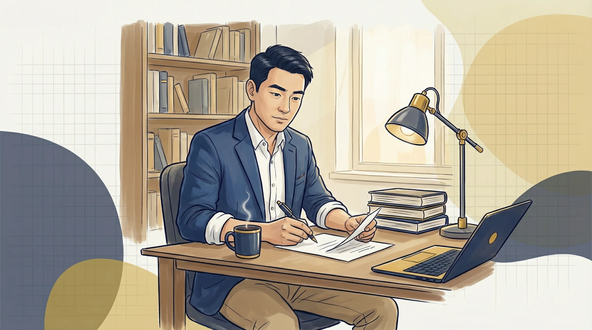 Professional business architect working at desk with laptop,  reviewing capability maps and process models in modern office