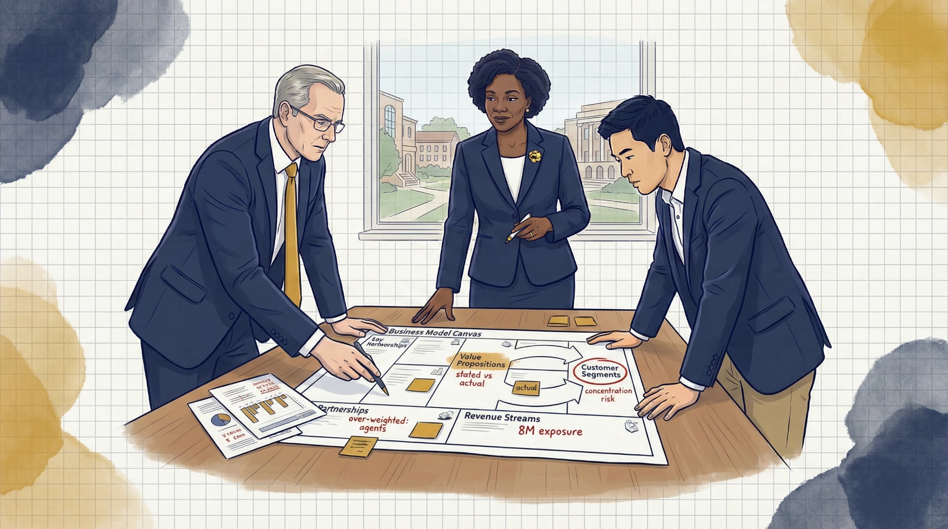 Three business professionals analyzing a Business Model Canvas with sticky notes, reviewing value propositions, customer segments, revenue streams, and partnership strategies.