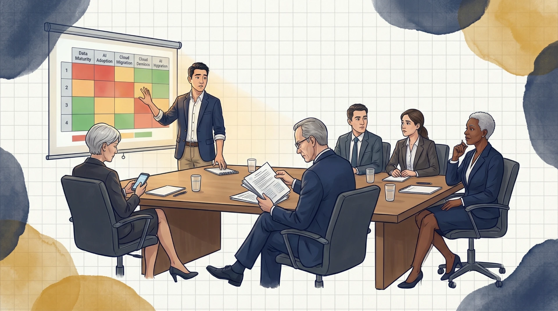 Business professionals in conference room meeting reviewing capability maturity assessment matrix showing data, AI adoption, cloud migration metrics on presentation screen