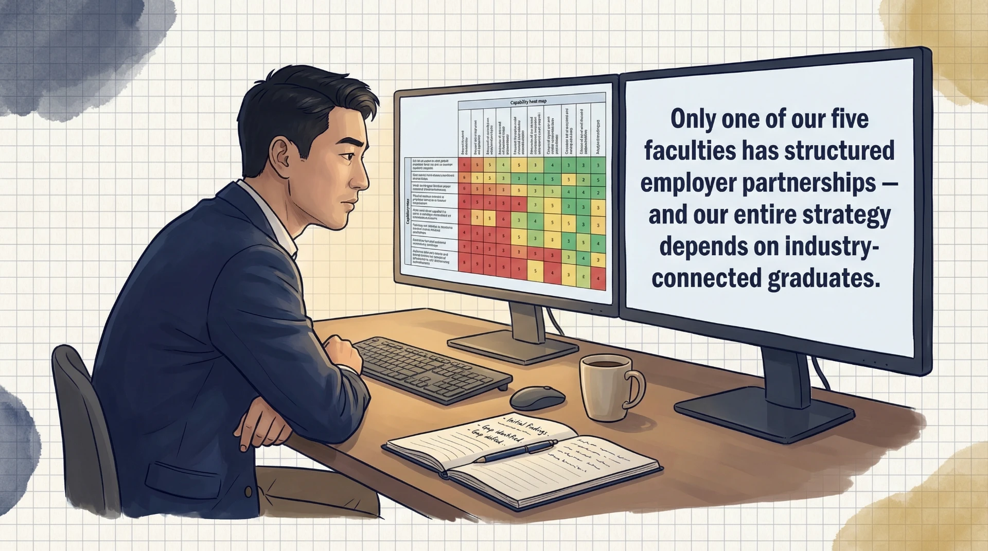 Professional analyzing capability heat map on dual monitors with text about employer partnerships and industry-connected graduates strategy
