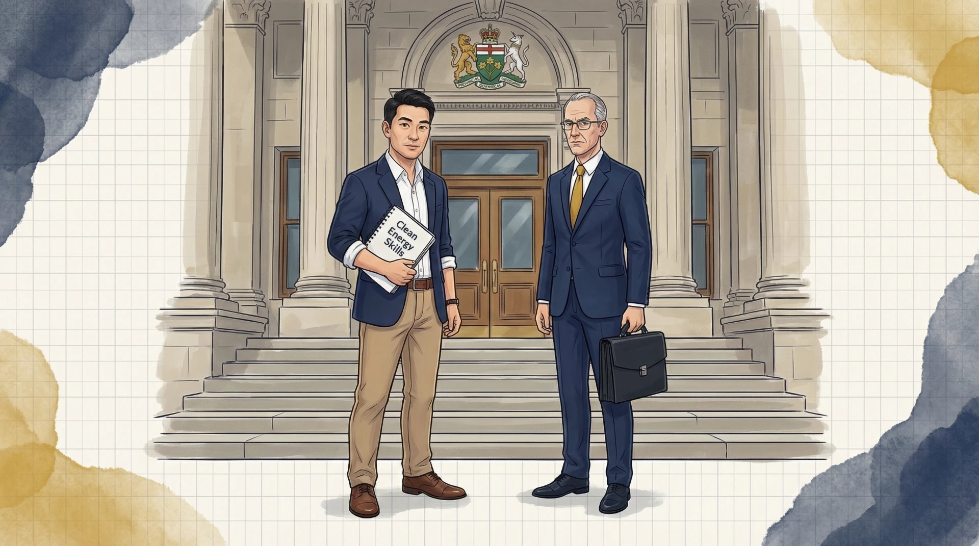 Two business professionals standing on government building steps, one holding Clean Energy Skills document, discussing capability mapping and organizational strategy