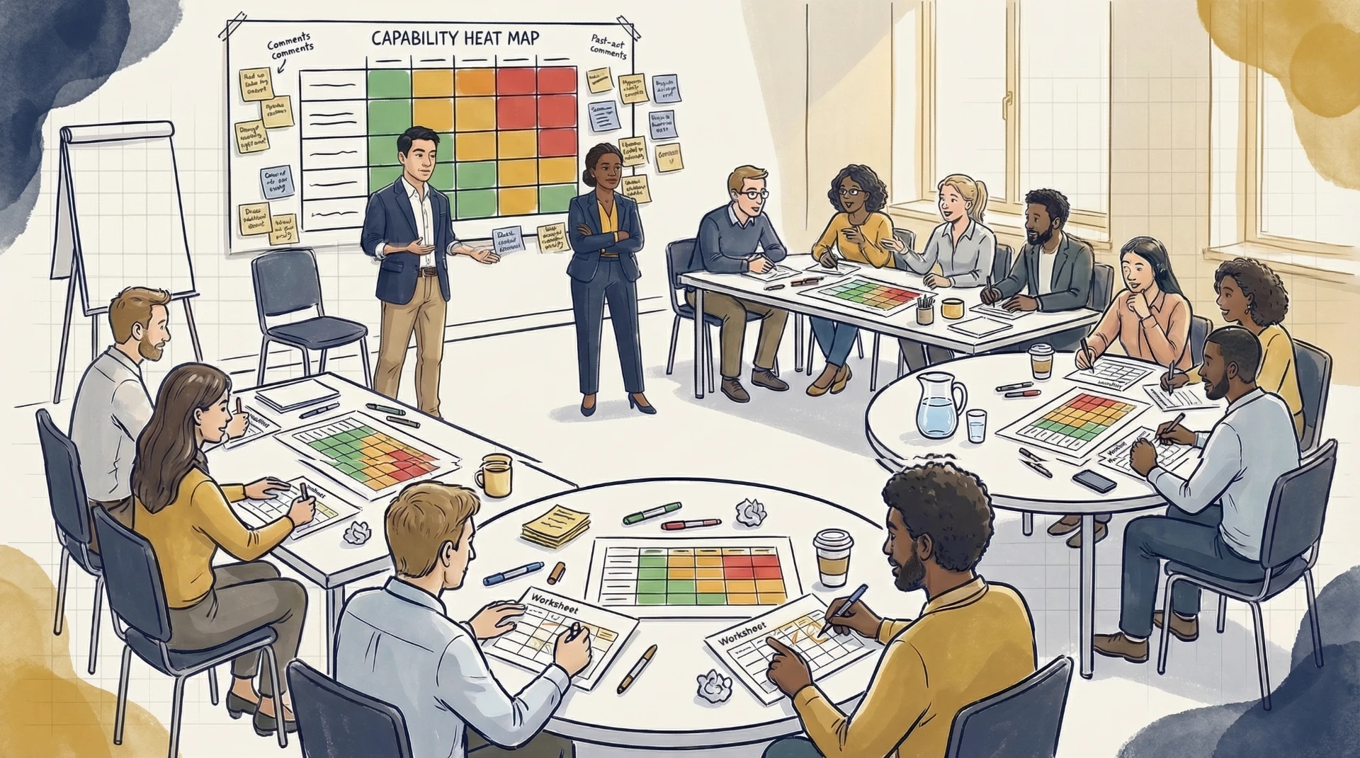 Business architecture workshop with diverse team analyzing capability heat maps and process models at collaborative tables