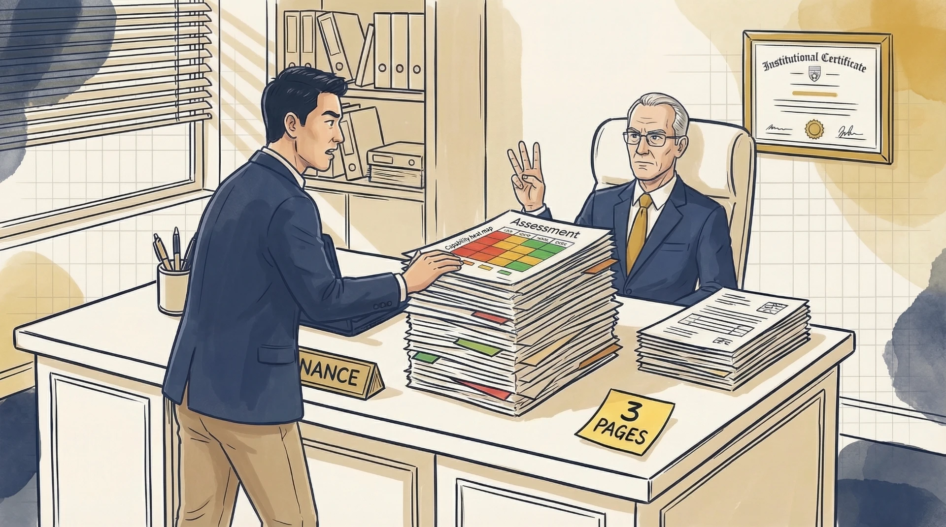 Business professional presenting capability assessment matrix with color-coded grid to senior executive in corporate office setting