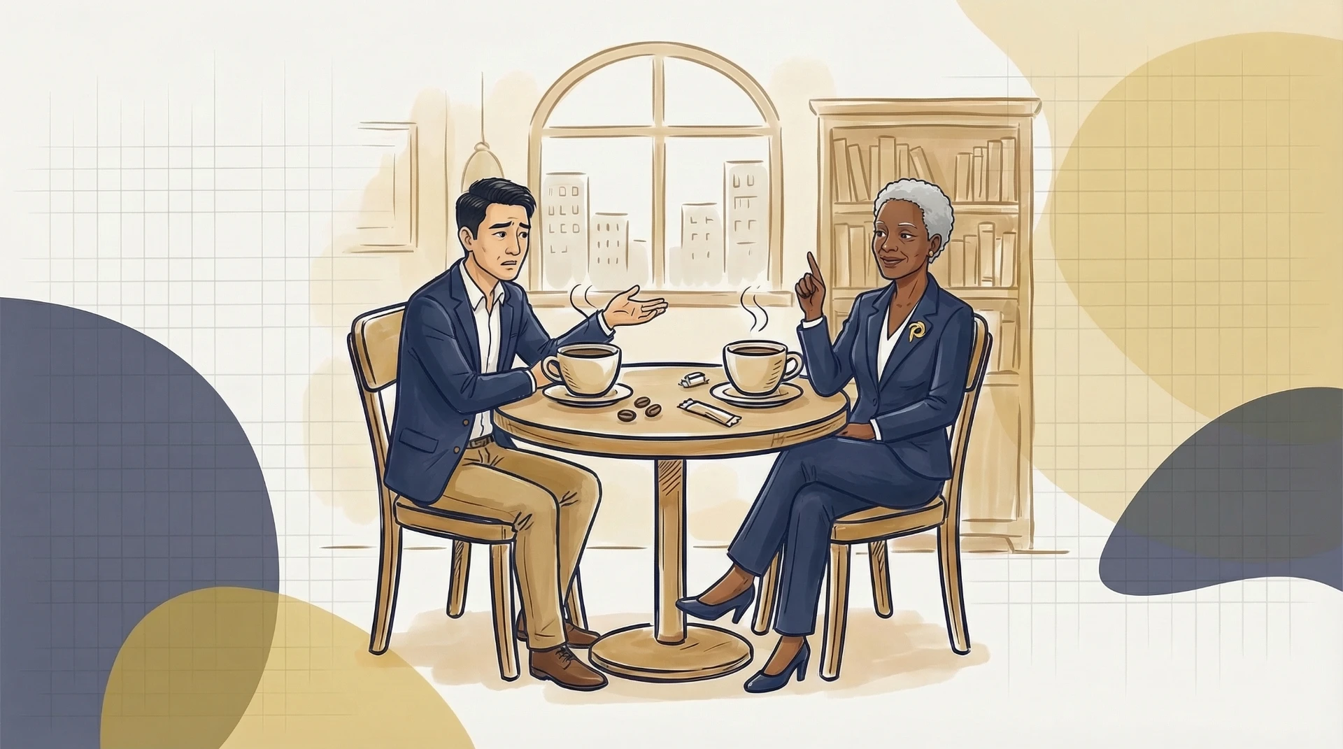 Two business professionals in suits having a strategic discussion over coffee at a cafe table, consulting and collaborating on business architecture concepts