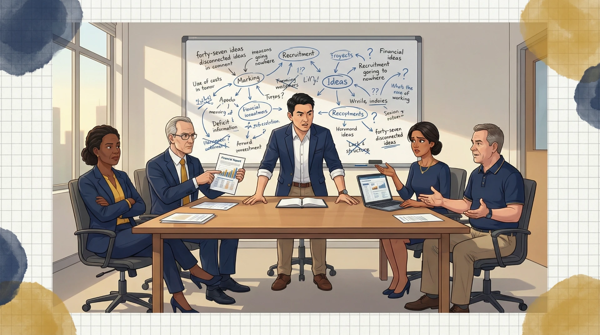 Business professionals in meeting room discussing strategy with whiteboard showing capability mapping, process flows, and organisational structure diagrams