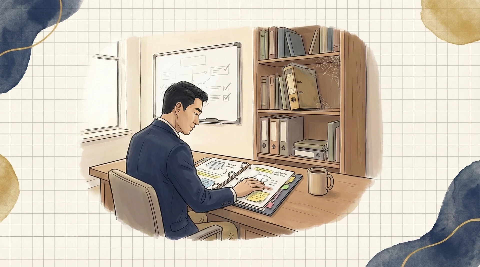 Professional analyzing business architecture documents and capability maps at organized desk with reference materials and coffee mug