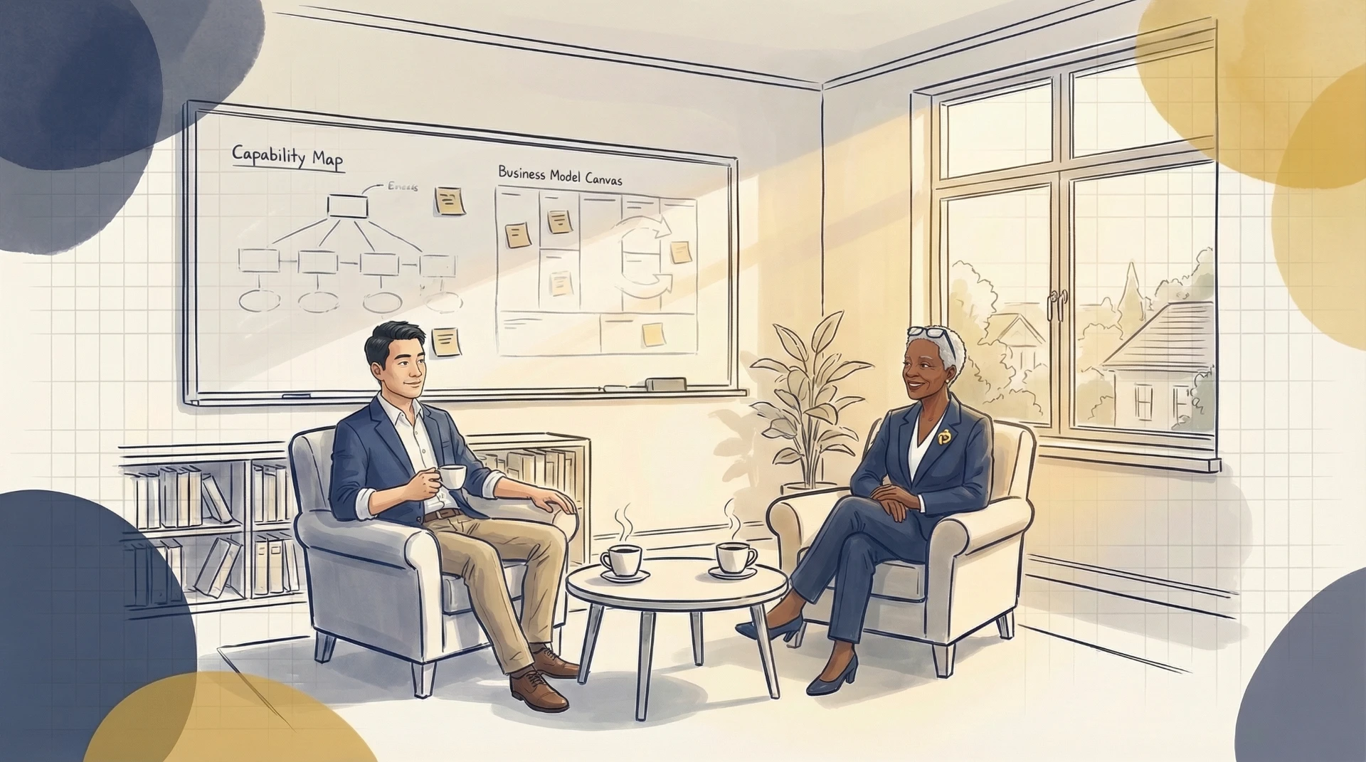 Two business professionals discussing strategy in modern office with capability map and business model canvas diagrams on whiteboard