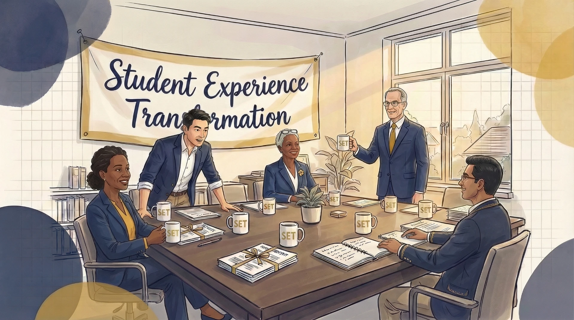 Professional team meeting around conference table discussing student experience transformation with business architecture materials and documentation