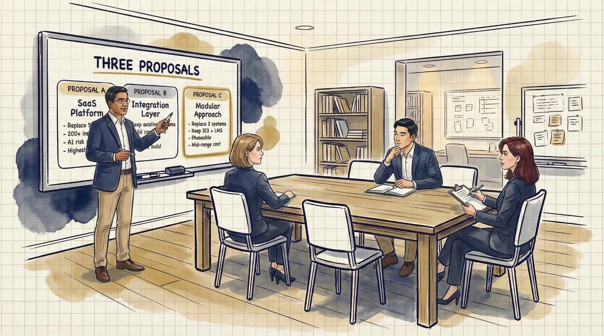 Business architecture team meeting with presenter showing three strategic proposals on whiteboard for system integration and modernization