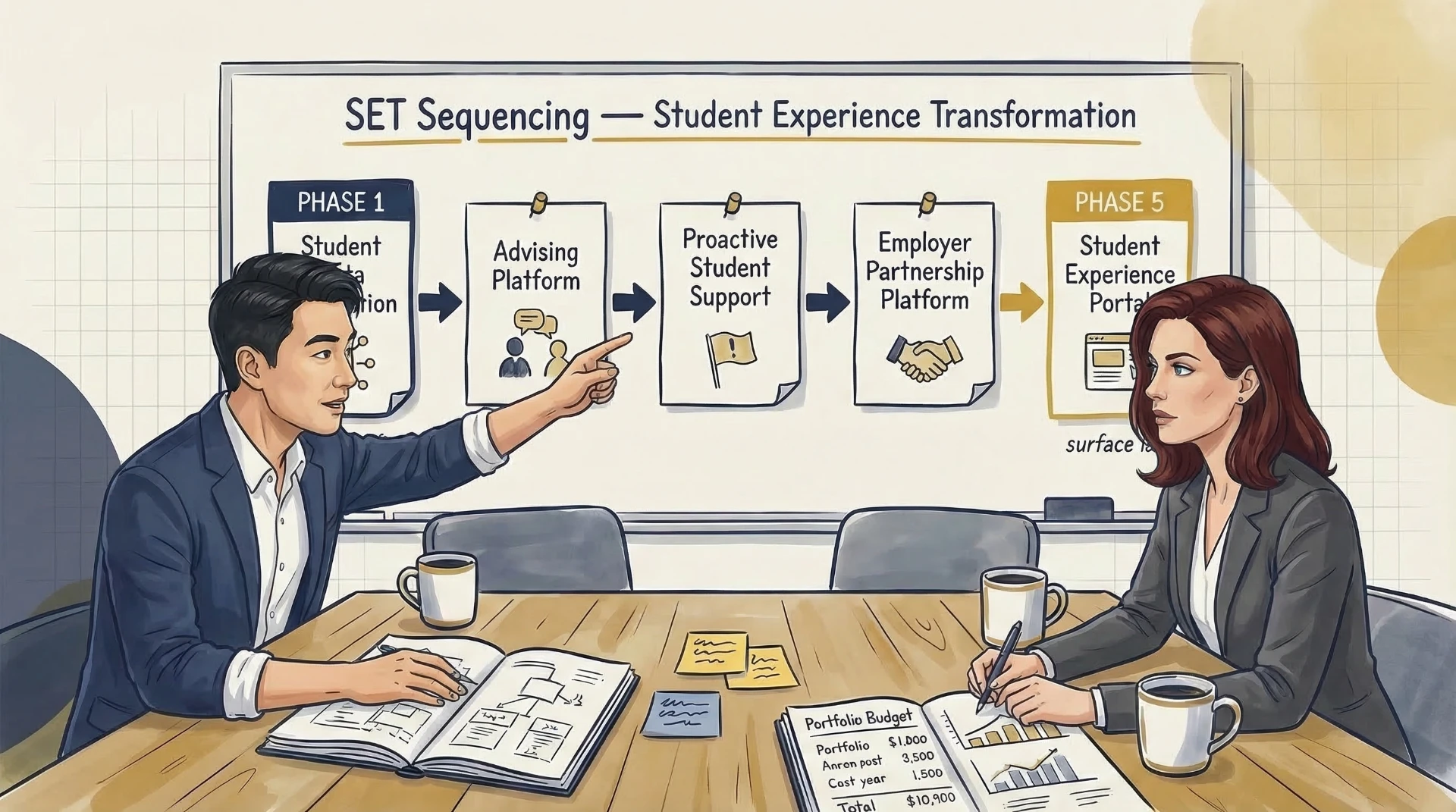Business professionals reviewing SET Sequencing framework diagram showing 5 phases from student data through advising platform to employer partnership portal