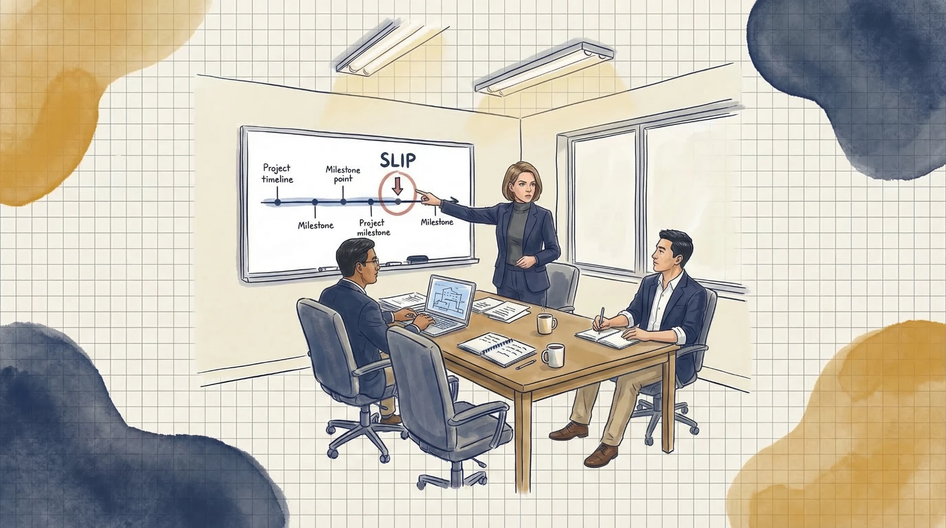 Business professionals in meeting room discussing project timeline with SLIP milestone diagram on whiteboard during strategy session