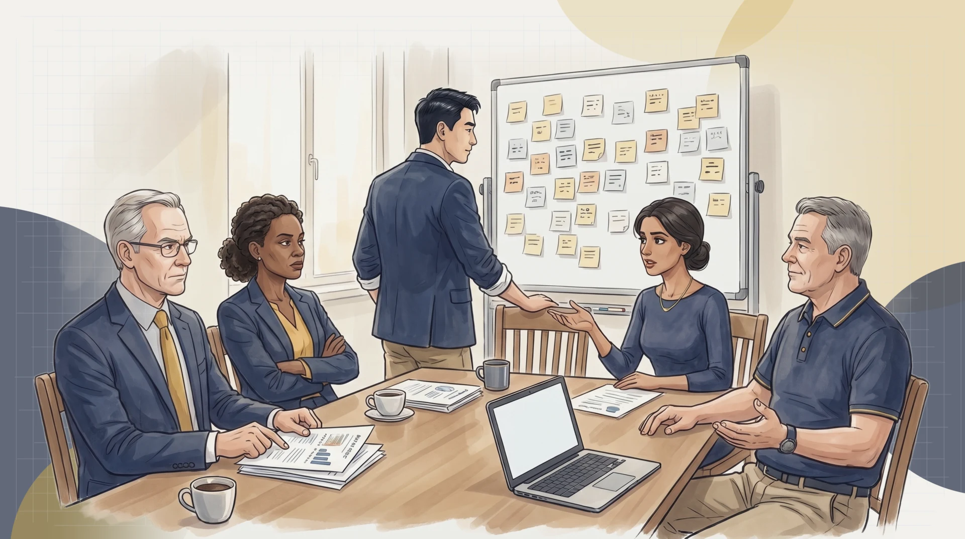 The emergency leadership meeting at Lakeshore: Marcus Chen studies a whiteboard crowded with unconnected sticky notes while James Firth, Sandra Mwangi, Priya Sharma and Tom Beaulieu argue around the table.