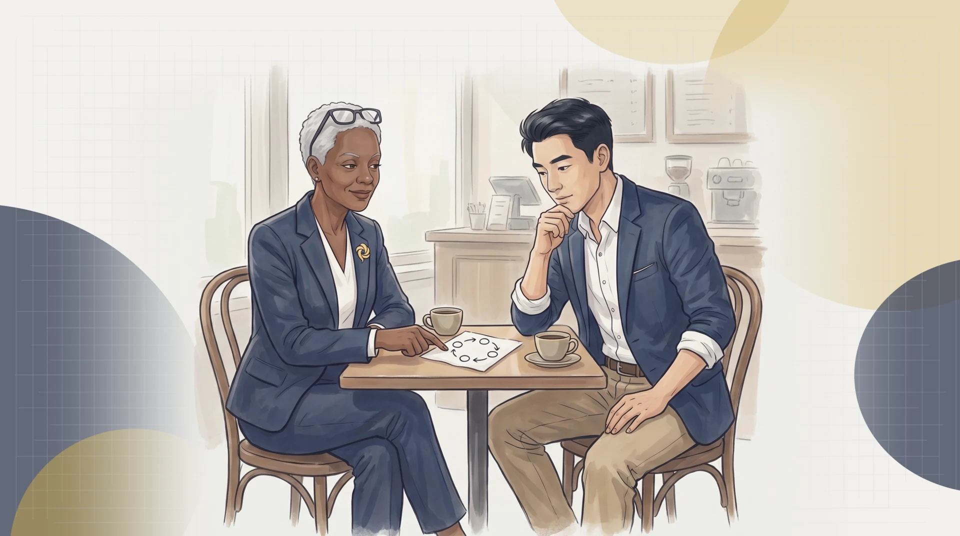 Diane Okoro and Marcus Chen at a café table: Diane points to four linked circles she has sketched on a napkin while Marcus studies it, thinking.
