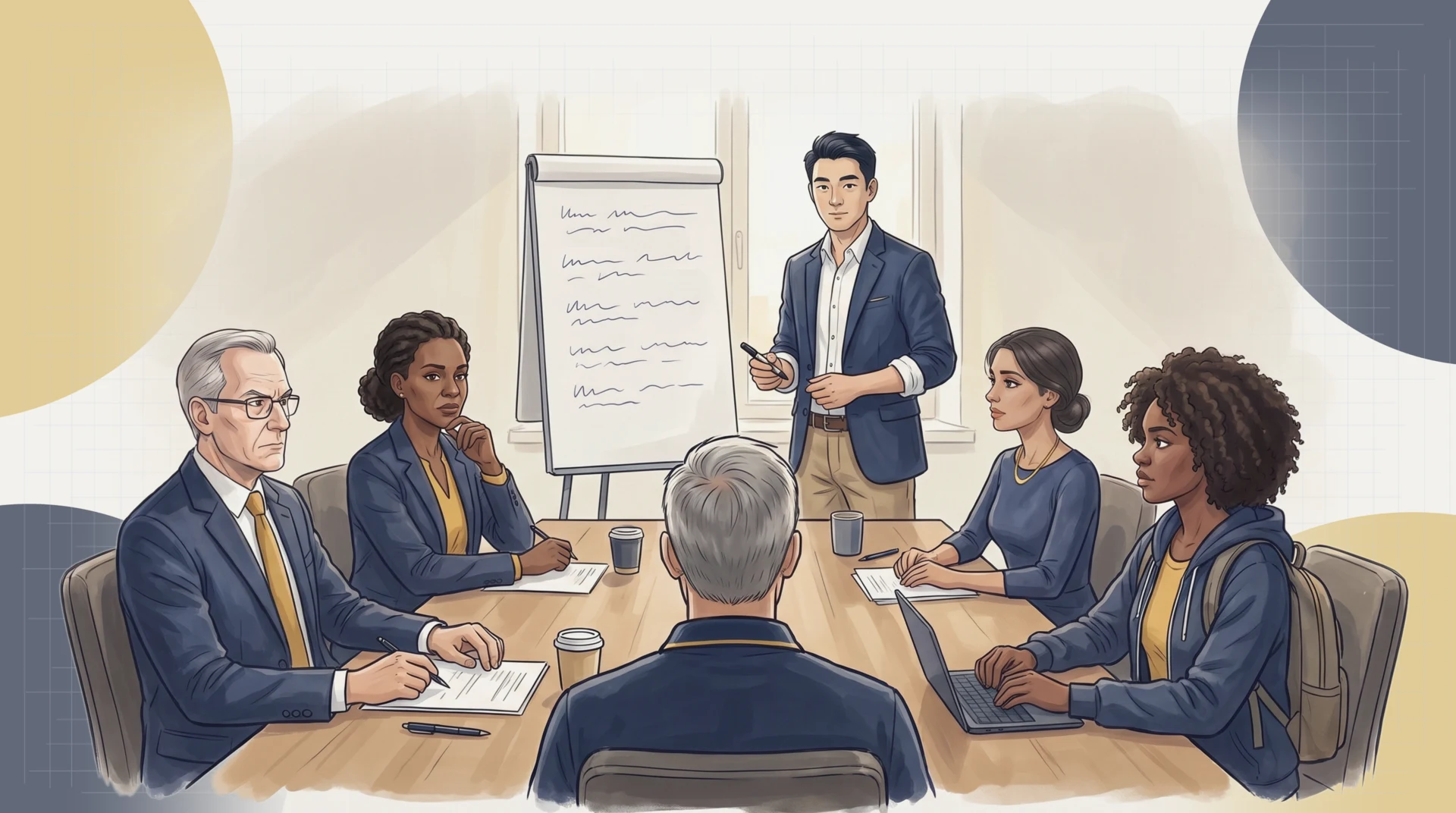 The leadership working session: Marcus Chen has turned from a flip chart of five separate answers to face the table, where James Firth, Sandra Mwangi, Priya Sharma, Aisha Okafor and Tom Beaulieu sit in an uncomfortable pause.