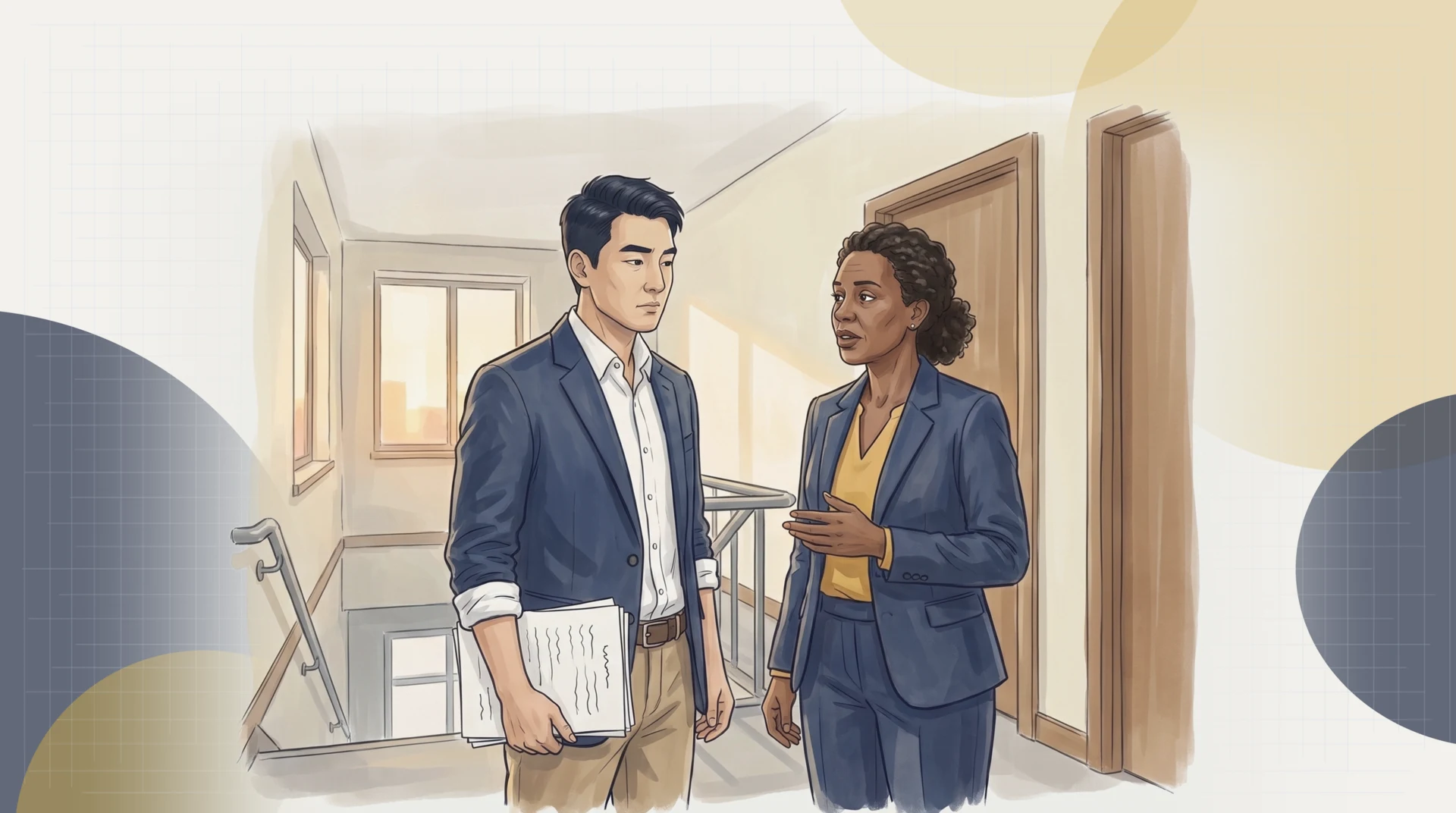 In a quiet corridor after the leadership retreat, Sandra Mwangi stops Marcus Chen by the stairs and quietly names the colleagues the Downtown Centre decision will affect; Marcus, holding his meeting notes, takes it in.