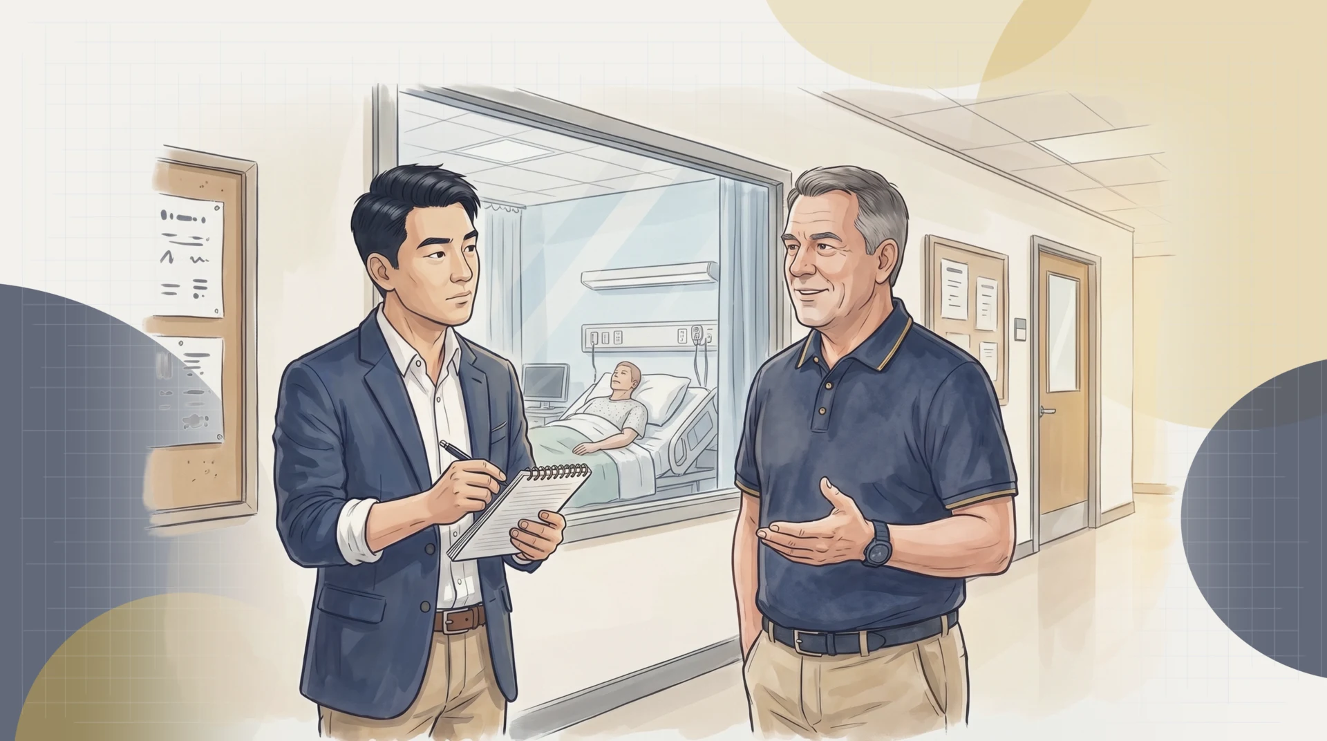 Marcus Chen takes notes as Tom Beaulieu, Dean of Health Sciences, explains how his programs are built with employers, outside a clinical simulation lab.