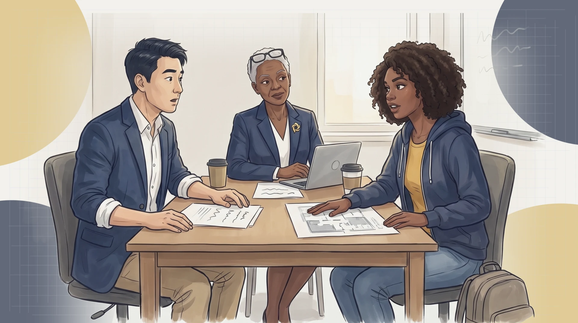 In a review of the capability plan, Aisha Okafor leans in with her hand on the printed plan and asks Marcus Chen whether anyone has asked students what the experience should feel like; Marcus is caught off guard, and Diane Okoro looks on knowingly.