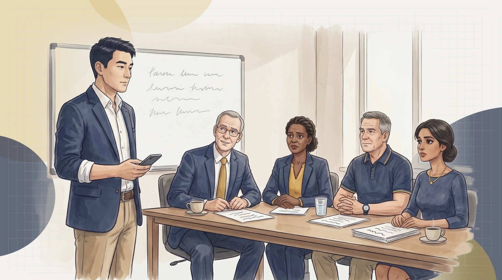Moments after the ministry's funding call, Marcus Chen stands by the whiteboard, phone lowered, as James Firth, Sandra Mwangi, Tom Beaulieu and Priya Sharma react around the table, hopeful, worried and thinking it through.