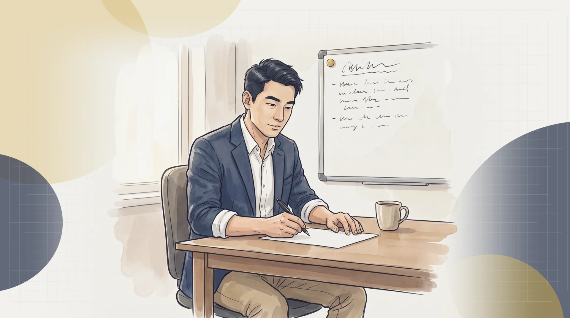 On a Saturday morning, Marcus Chen sits at his desk with a coffee, writing by hand the letter to his predecessor that he will never send, his old notes still on the whiteboard behind him