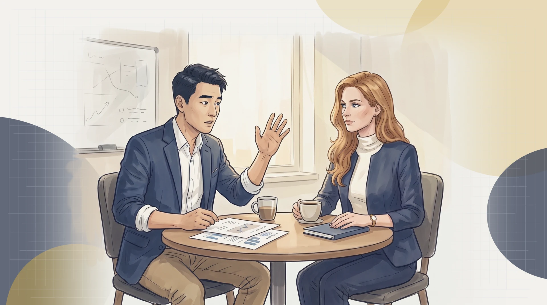Fiona Lavoie and Marcus Chen at a small round table in his office on her first morning; Marcus has stopped mid-gesture over his papers as Fiona, calm, her navy notebook under one hand, names the problem he hadn't seen