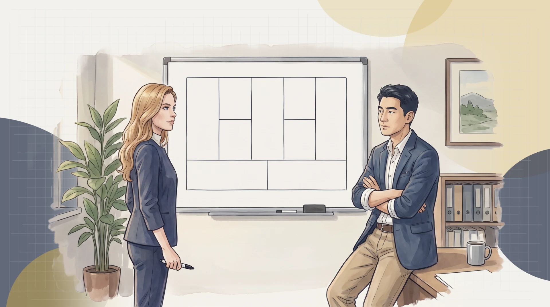 Fiona Lavoie stands by the whiteboard in Marcus Chen's office, marker lowered, having drawn the empty nine boxes of a business model canvas; Marcus sits on the edge of his desk, arms folded, looking at the grid as if he already suspects what it will show