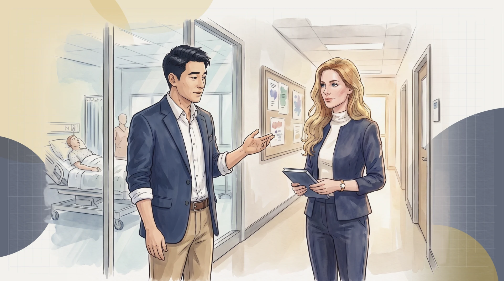 Marcus Chen and Fiona Lavoie in a college corridor beside the glass wall of the Health Sciences simulation lab; Marcus, candid and a little rueful, tells her the story of his walk down this hallway as Fiona listens, notebook in hand