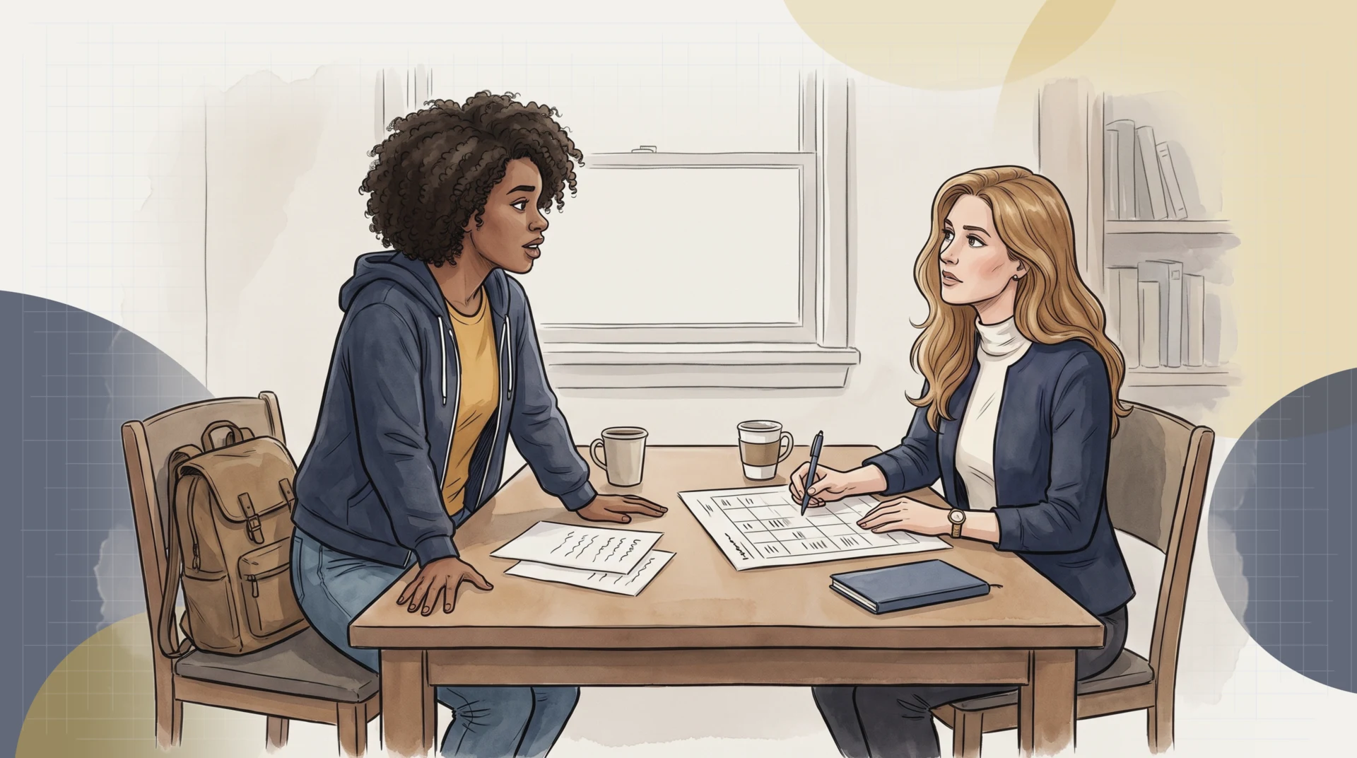 Aisha Okafor leans in across a meeting table, telling Fiona Lavoie what students actually experience between Lakeshore's services; Fiona has looked up from the recipe-card assessment sheet, pen still on the grid
