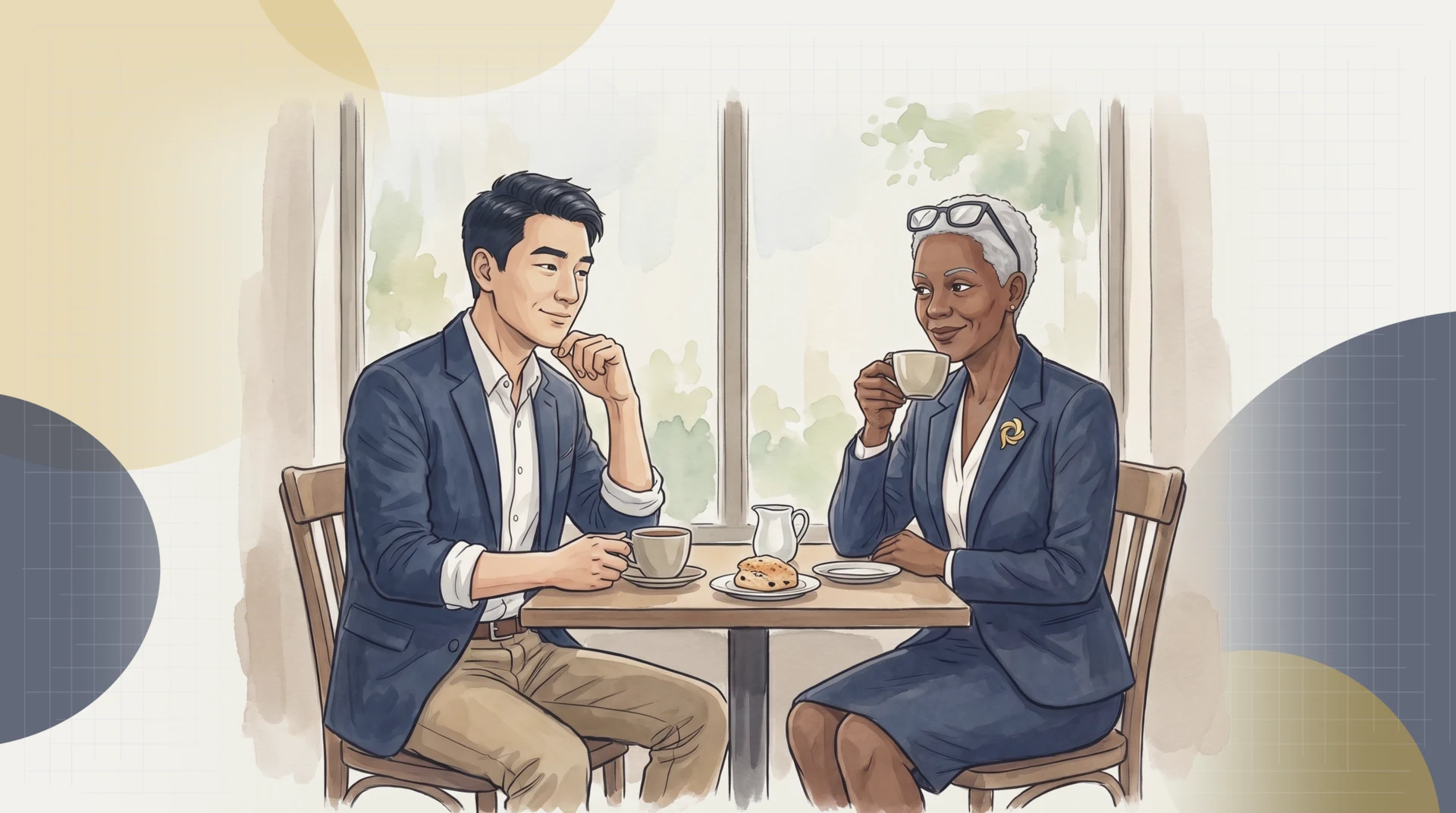 Marcus Chen and Diane Okoro over coffee at a café table by a window; Marcus, relaxed and reflective, has just said what changed when the two seats separated, and Diane listens with a warm, knowing half-smile