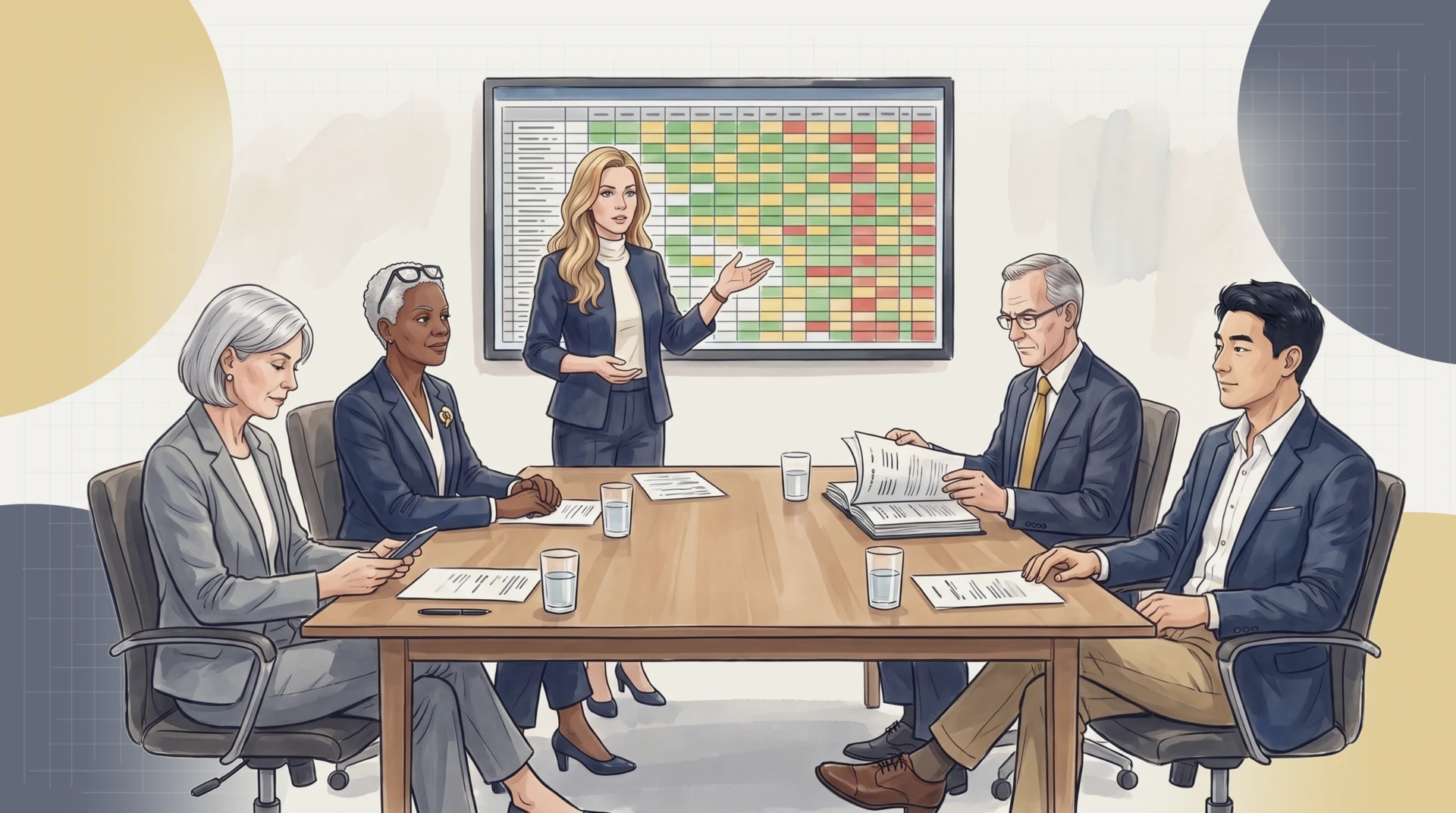 Fiona Lavoie presents a dense capability heat map to Lakeshore's board and is losing the room: Helen Marchetti looks at her phone under the table, James Firth leafs ahead through the deck, Diane Okoro catches Fiona's eye, and Marcus Chen sits back, watching