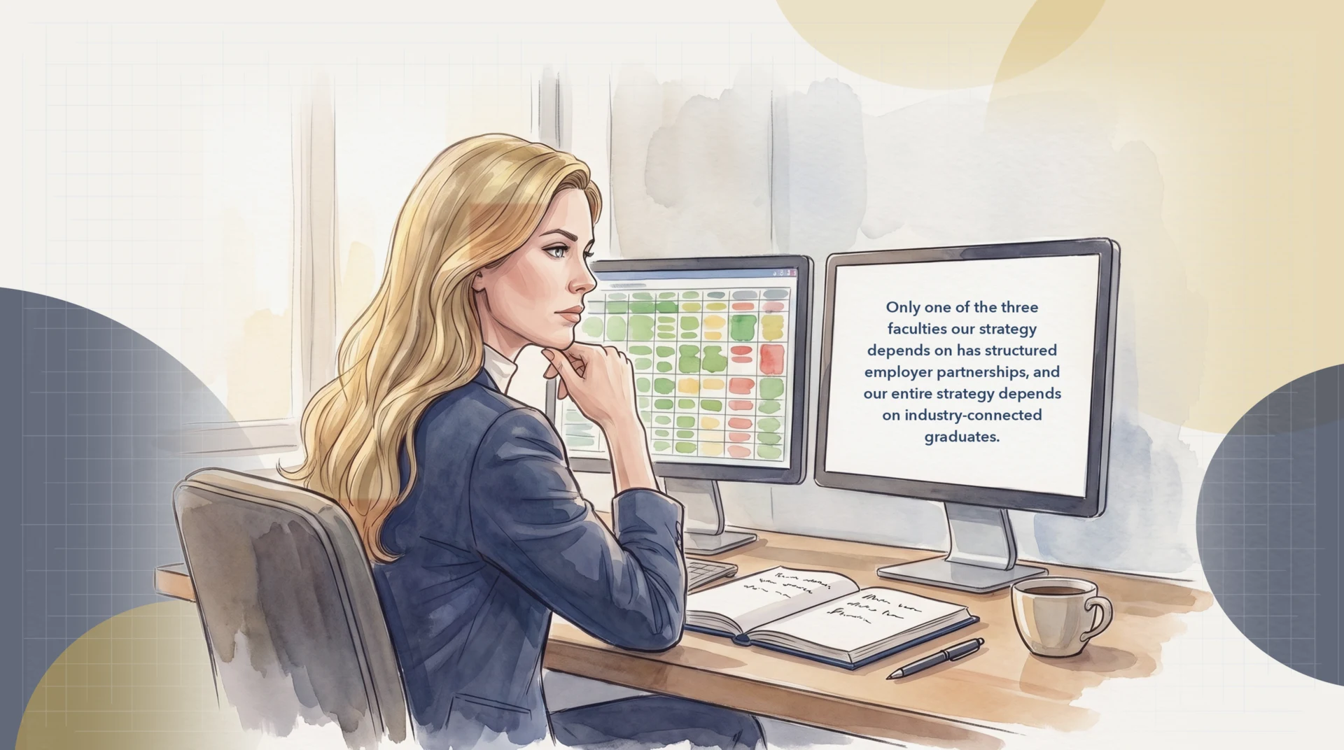 The morning after the board meeting, Fiona Lavoie sits at her desk looking from the capability heat map on one screen to the single sentence on the other: "Only one of the three faculties our strategy depends on has structured employer partnerships, and our entire strategy depends on industry-connected graduates."