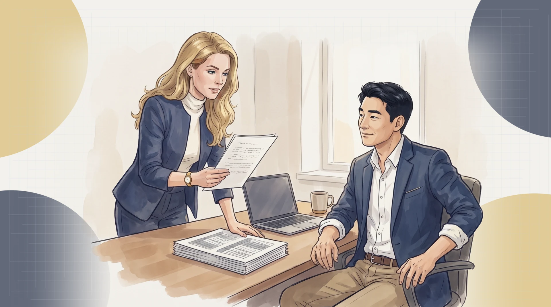 In his office, Marcus Chen sits back while Fiona Lavoie leans over his desk, one hand on the thick first draft of the clean energy bid, reading the slim second draft he has handed her