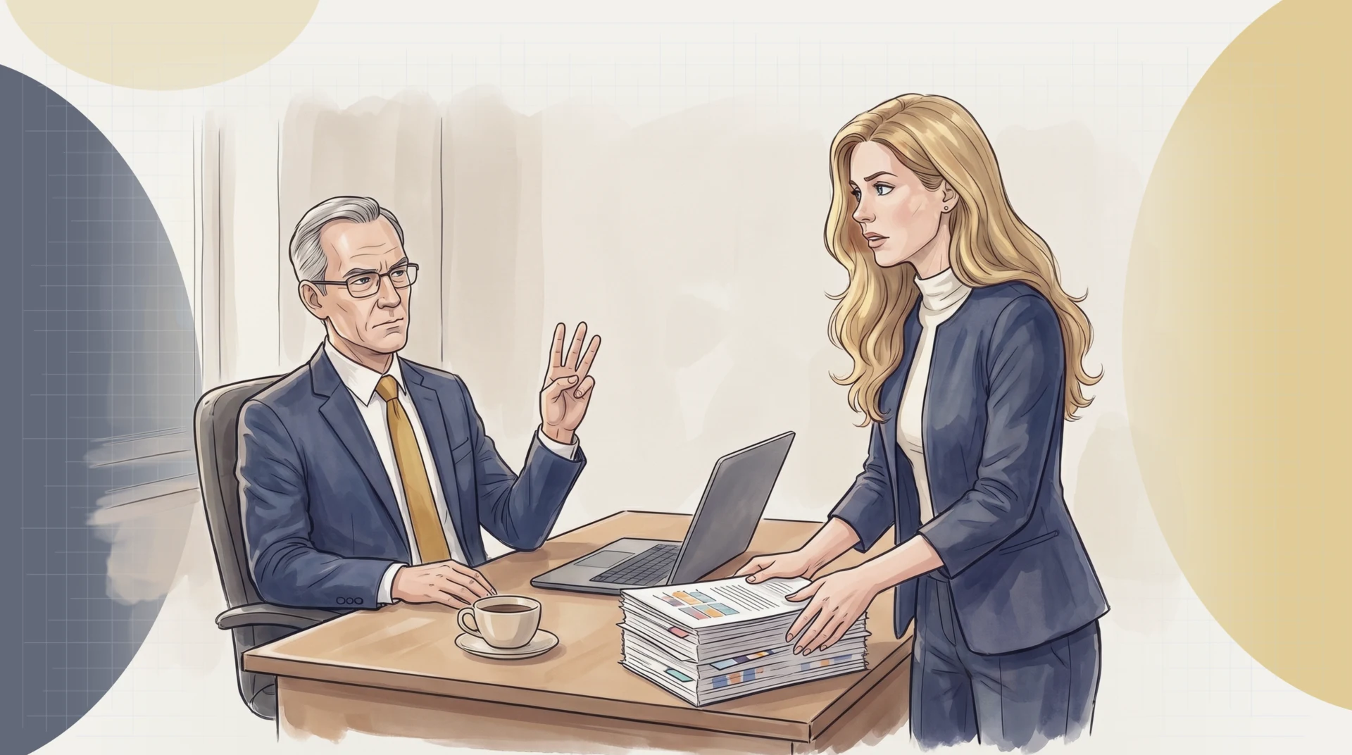 Fiona Lavoie has just set a forty-page stack of reports on James Firth's desk; James, sitting back, holds up three fingers, and Fiona's protest is turning into recognition