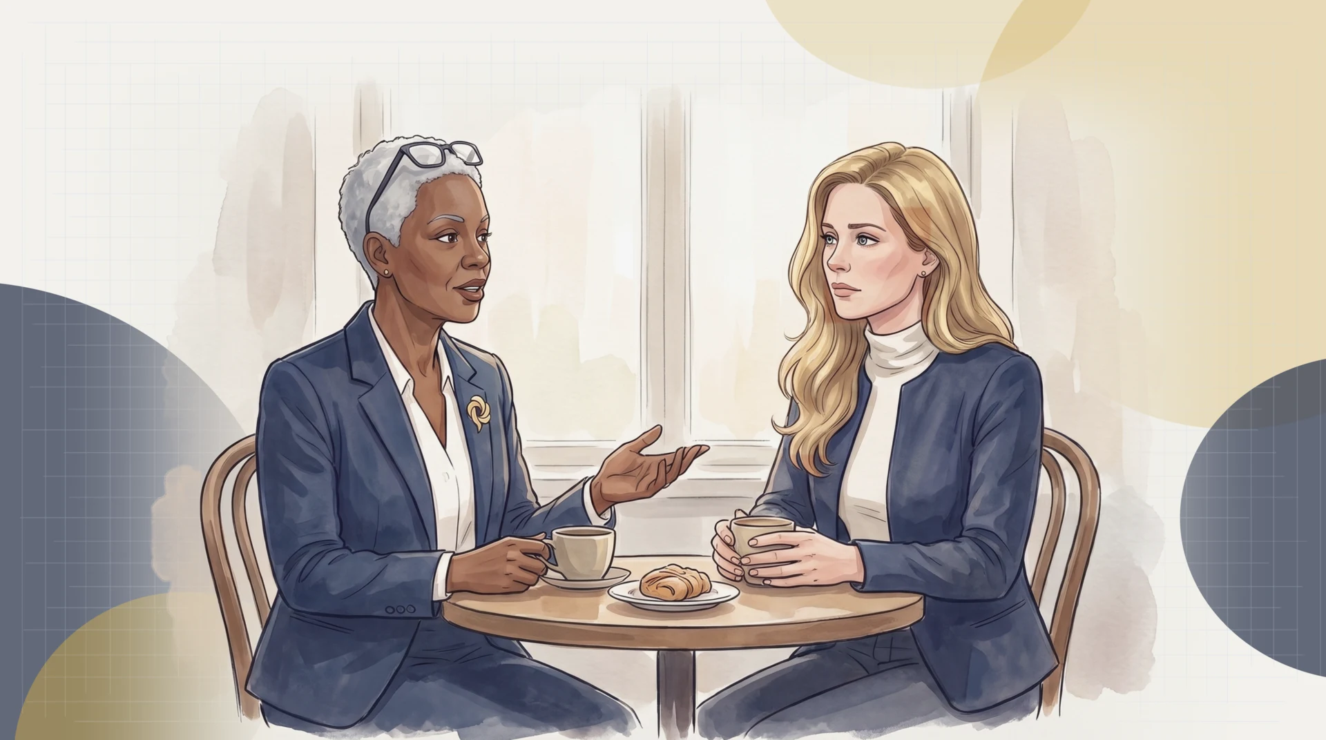 Fiona Lavoie and Diane Okoro over coffee at a café table by a window; Diane, one hand lifted, tells her plainly that the crisis made people listen but didn't make them believers, and Fiona, cup in both hands, takes it in
