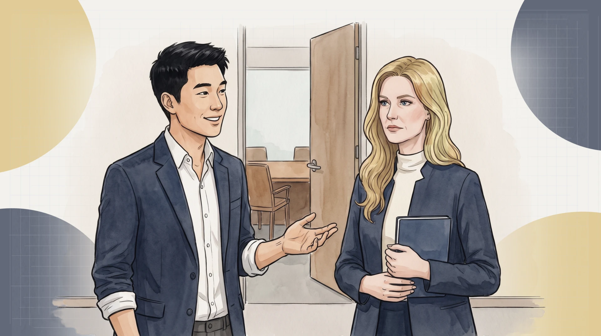 Marcus Chen in the corridor outside the boardroom after the vote, one hand open toward Fiona Lavoie as he tells her that getting the transformation built the way it was designed is now hers; Fiona holds her notebook to her chest, serious