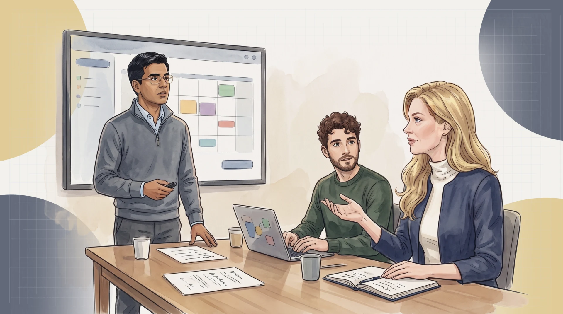 The first design workshop for the advising platform: Ravi Kapoor stands by a polished booking prototype on the screen as Fiona Lavoie, at the table, turns to him with an open hand and asks where the relationship is; a member of Ravi's team looks between them