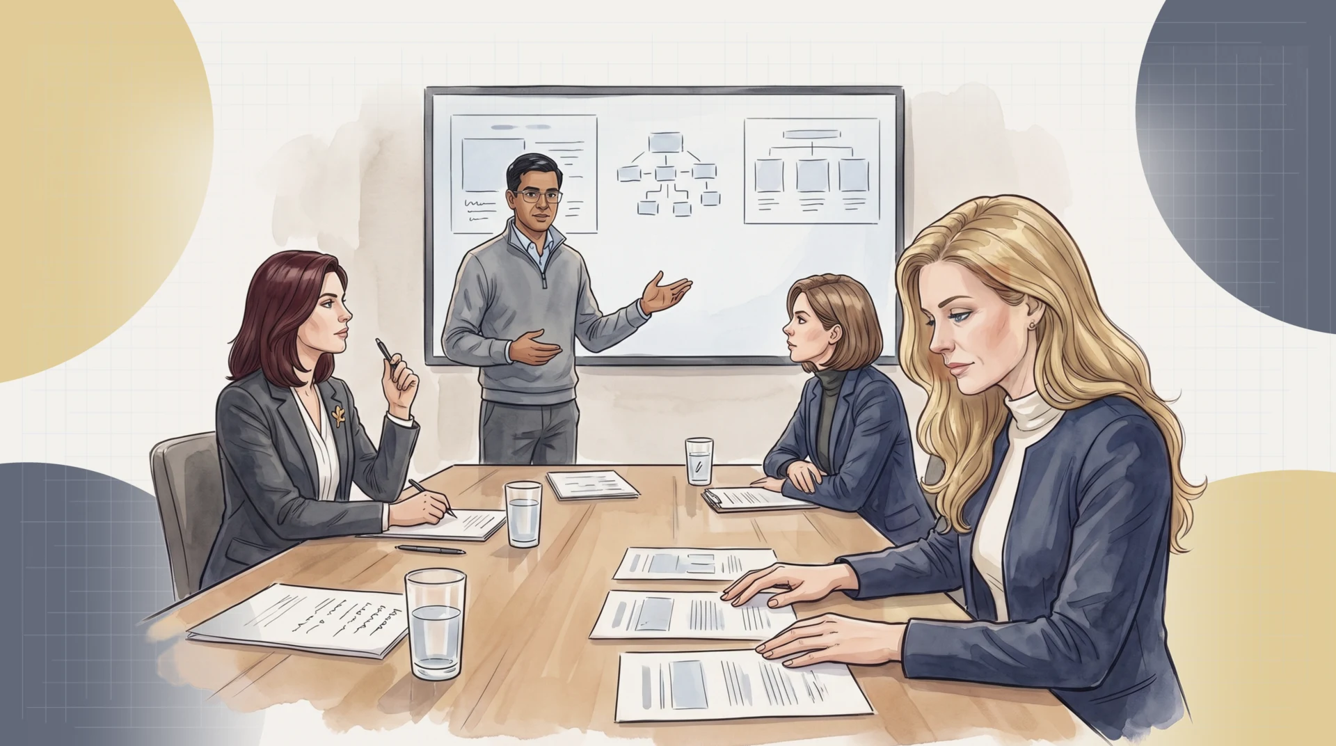 Ravi Kapoor presents three proposals for the student experience platform on a three-panel screen; Claire Dubois and Nadia Petrov weigh them from across the table, while Fiona Lavoie, nearest, studies the three printed proposals side by side