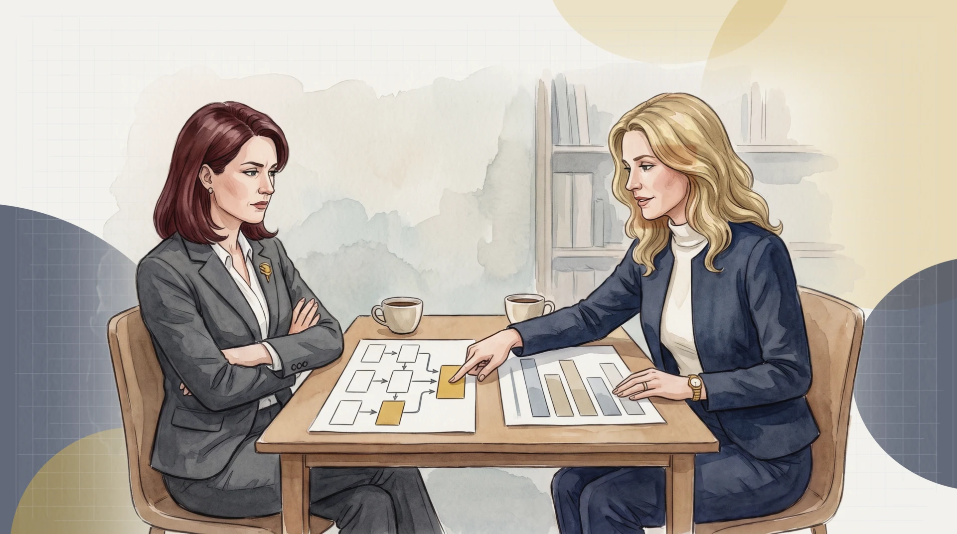 Fiona Lavoie lays her dependency map beside Claire Dubois's portfolio ranking and rests a finger on the gold foundation box; Claire, arms folded, studies it, not yet convinced but listening