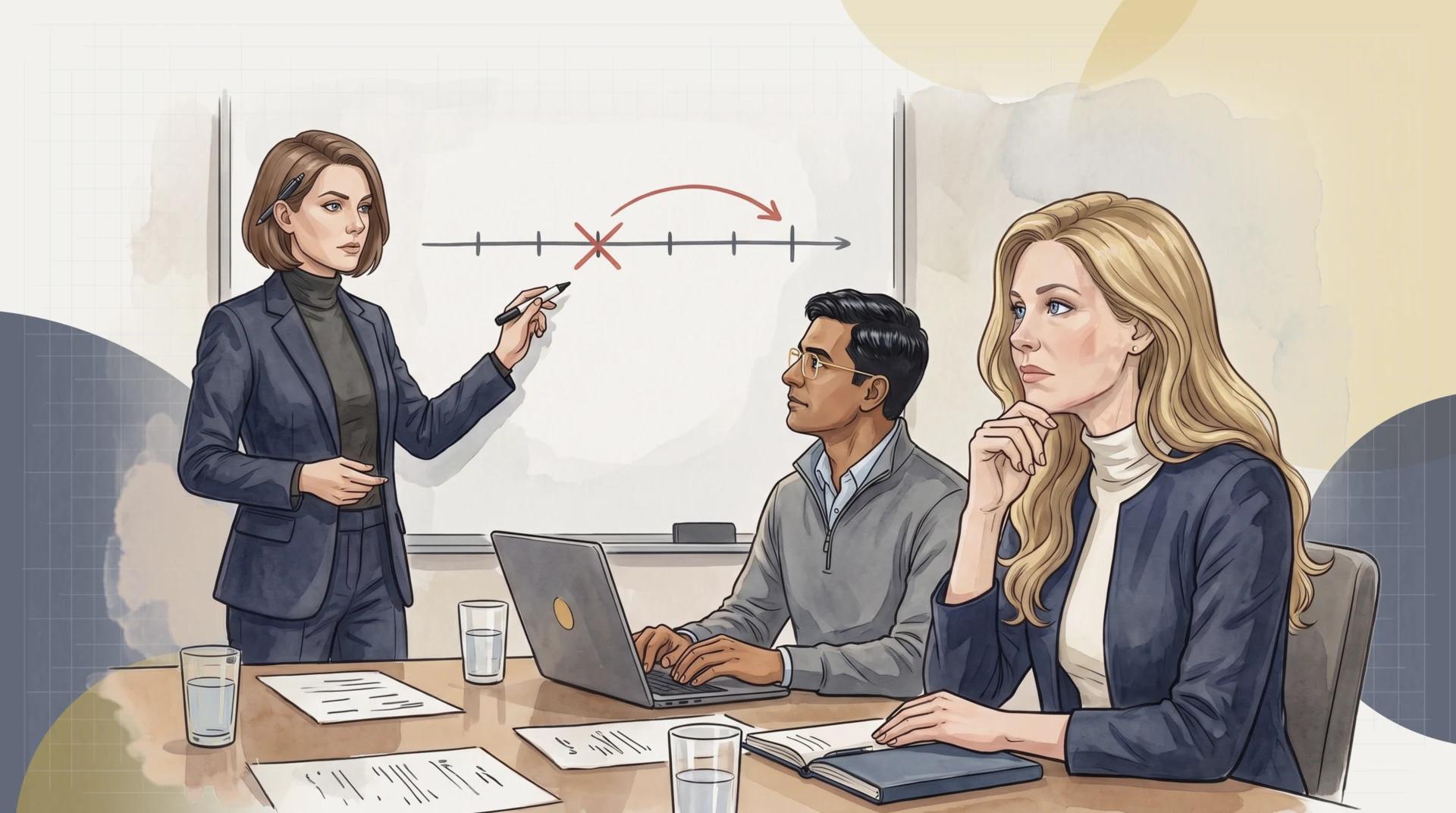 A month into the build: Nadia Petrov taps a slipped milestone on the timeline and asks to descope the employer integration, Ravi Kapoor turns from his laptop to the board, and Fiona Lavoie, hand at her chin, watches the slipped milestone, weighing what neither of them has mentioned