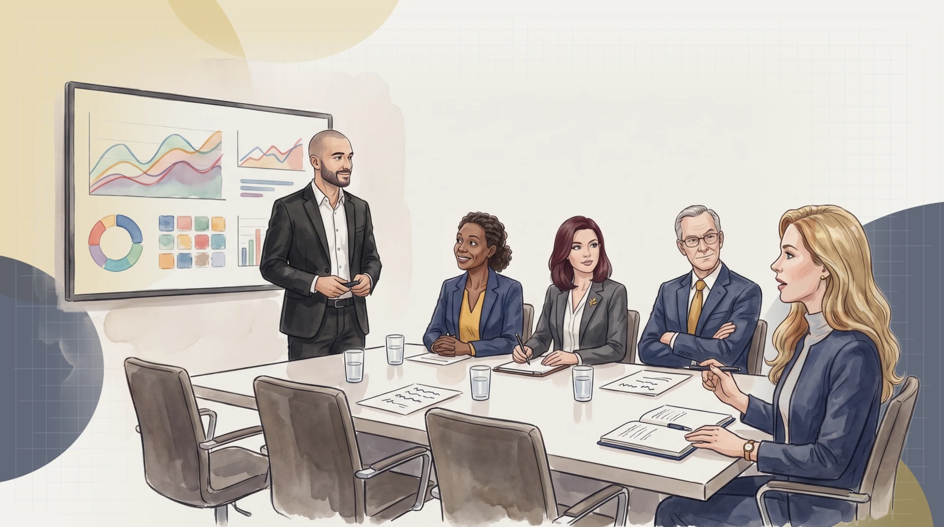 At an AI vendor's demo, Fiona Lavoie raises her pen and asks the first of her four questions; the vendor stops mid-pitch and turns to her, and Sandra Mwangi, Claire Dubois and James Firth turn from the dazzling dashboard to listen