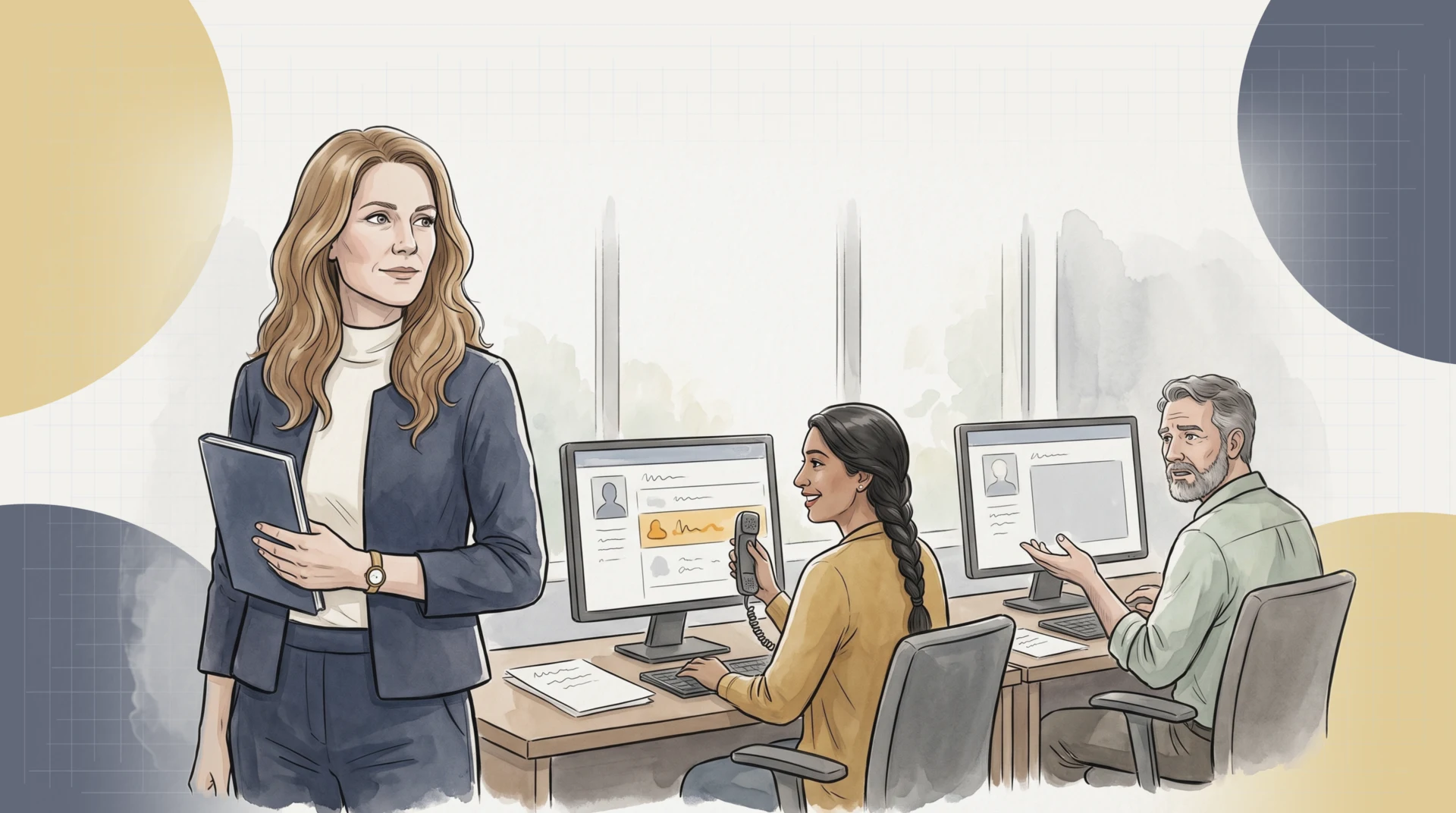 The first morning of the advising pilot in Health Sciences: Fiona Lavoie stands at the back of the office with her notebook, watching two advisors, one smiling as she phones a student the new platform has flagged, the other sighing at a blank career panel on his screen